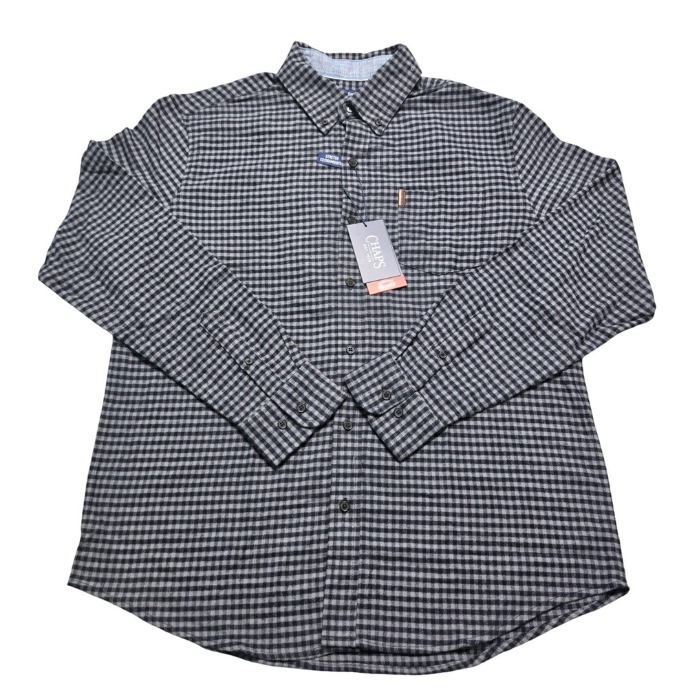 Chaps Mens Everyday Classics Gingham Stretch Button Down Shirt Grey Black XL